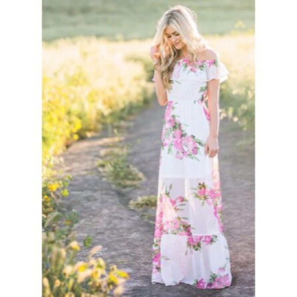 Loveriche White Floral Off the Shoulder Maxi Dress